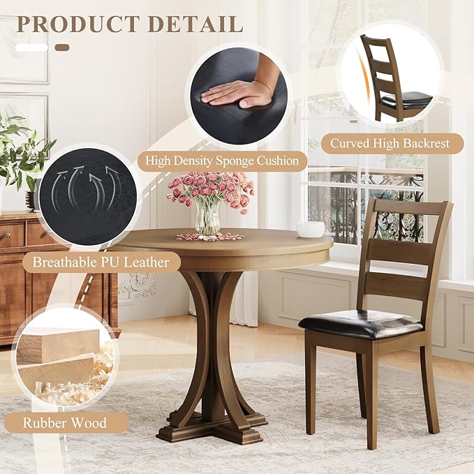 COLAMY Upholstered Dining Chairs Set of 6, PU Leather Ladder High Back Dining Room Kitchen Side Chair with Adjustable Foot Pegs, Dark Brown