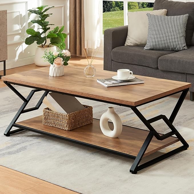 HOMISSUE Coffee Table, Rustic Rectangle Coffee Table with 2-Tier Storage, Engineered Wood Center Table with Open Shelves, Minimalist Coffee Table for Living Room, 47 Inch, Oak Brown