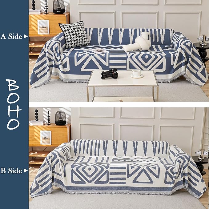 HANDONTIME Boho Couch Covers for Sofa Chenille Sofa Covers Denim Blue Sofa Cover Blanket Sectional Sofa Cover Geometric Reversible Couch Cover for L Shaped Couch Couch Protector for Dogs, 71" X150"