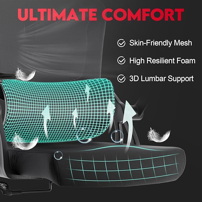 Big and Tall Ergonomic Office Chair - 400LB Comfy Desk Chairs with Headrest and Back Support, Heavy Duty Mesh Computer Chairs with Wheels and Arms for Home Office, Study, Bedroom and Dorm