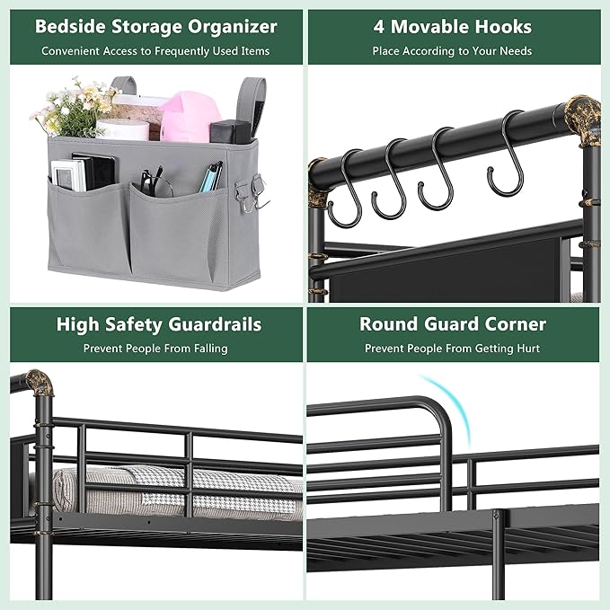 Metal Bunk Bed Twin Over Twin, Industrial Bunkbeds Heavy Duty Bed with Safety Guard Rails and Space-Saving Design, Steel Bed for School, Bedroom (Black)