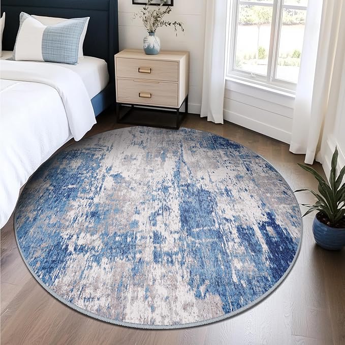 Washable Area Rugs 6ft Non-Slip Modern Abstract Soft for Living Room Entryway Bedroom Nursery, Print Pattern, Blue Grey Navy Gray
