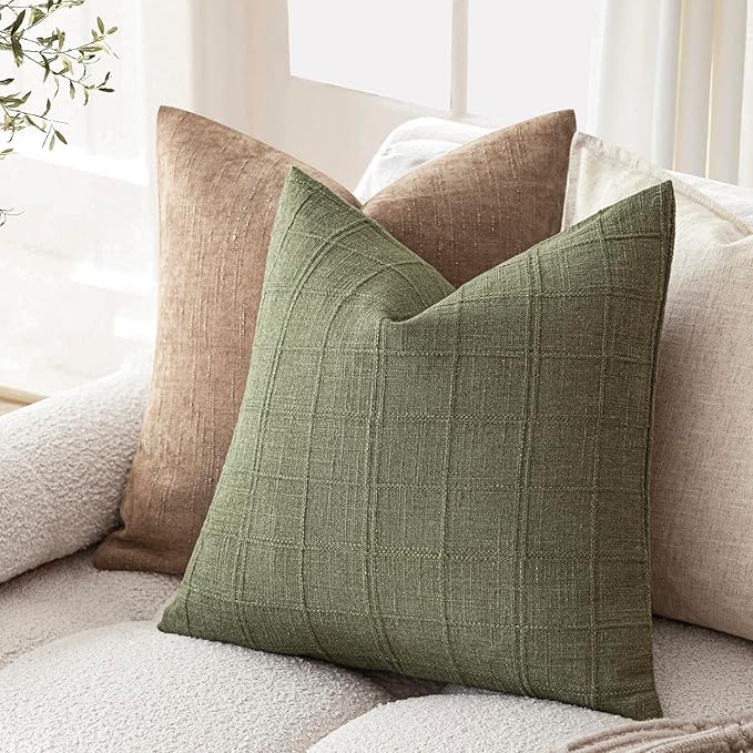 Foindtower Set of 2 Decorative Linen Check Throw Pillow Covers Neutral Farmhouse Vintage Cushion Covers Modern Boho Home Decor for Sofa Chair Couch Bedroom Living Room Outdoor,18×18 Inch,Sage Green
