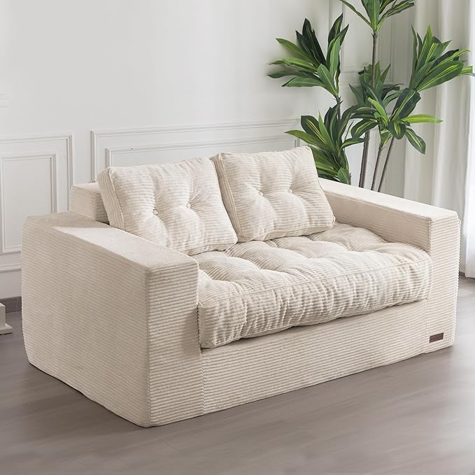 MAXYOYO Bean Bag Chair for Adults, Upholstered Floor Sofa with Armrests, Loveseat Boneless Couch with Tufted Cushion & Backrest, Sofa in A Box, Large Bean Bag Couch for Bedroom Living Room, Beige