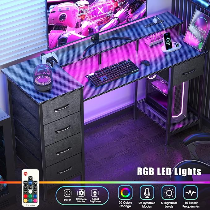 55 Inch Computer Gaming Desk with Power Outlets LED Lights, Reversible Home Office with Adjustable Fabric Storage Drawers for Working Writing Study,Carbon Fiber Black