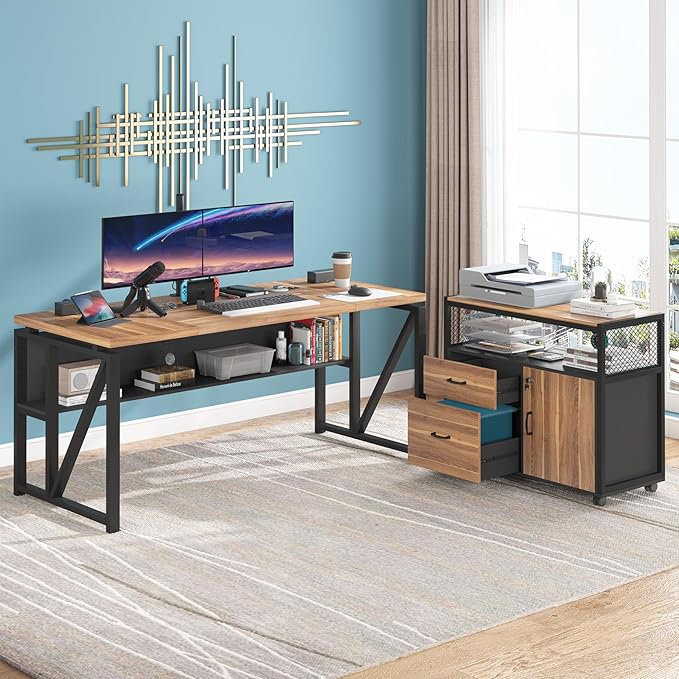 Tribesigns 63" L Shaped Desk with Drawer Cabinet, Executive Computer Desk and lateral File Cabinet, 2 Piece Home Office Furniture with Drawers for Hanging File, Doors with Locks (Brown, 63 inches)