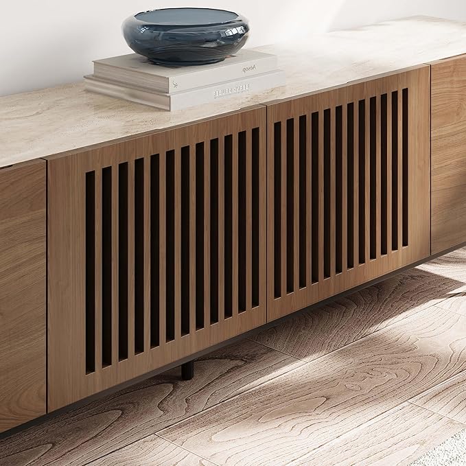 POVISON Mid Century Modern Sintered Stone TV Stand, Slatted Media Console TV Cabinet with Tall-cast Metal Legs, Fluted Entertainment Center with Storage, Fully-Assembled (Walnut, 78.74")