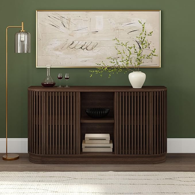 Plank+Beam Contour Wood TV Stand, Two Door Solid Wood Entertainment Console with Storage, 59" L x 16" W x 30" H, Walnut
