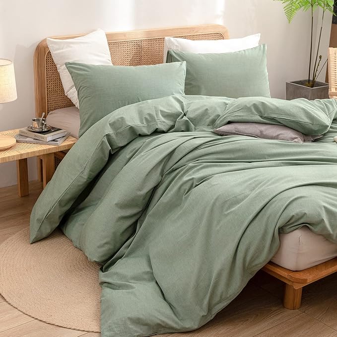 BESTOUCH Duvet Cover Set 100% Washed Cotton Linen Feel Super Soft Comfortable Chic Lightweight 3 PCs Home Bedding Set Solid Green Super Queen