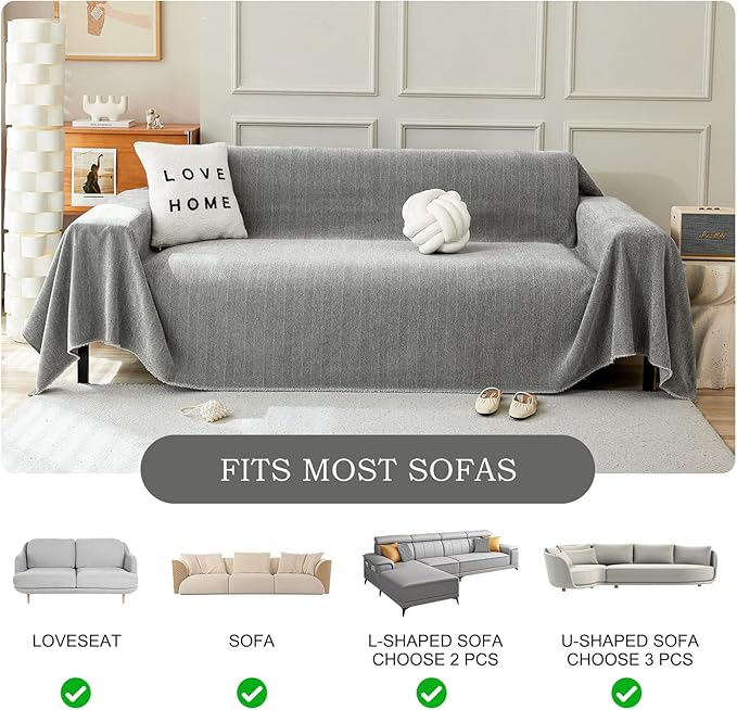 STACYPIK Soft Dark Gray Couch Cover for Pets, Herringbone Jacquard Sofa Covers for 3 Cushion Couch,Skin-Friendly Washable Sofa Covers for Loveseat, Non Slip Sectional Sofa Blanket Cover-91X134IN