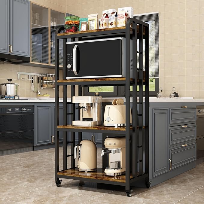 4-Tier Kitchen Baker's Rack with Rolling Wheels, Microwave Oven Cart Stand, Adjustable Utility Shelving Storage Unit, Heavy Duty Organizer Rack for Living Room, Garage, Home and Office(Brown)