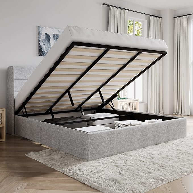 SHA CERLIN King Size Lift Up Storage Bed/Modern Wingback Headboard/Upholstered Platform Bed Frame/Hydraulic Storage/No Box Spring Needed/Wood Slats Support/Light Grey