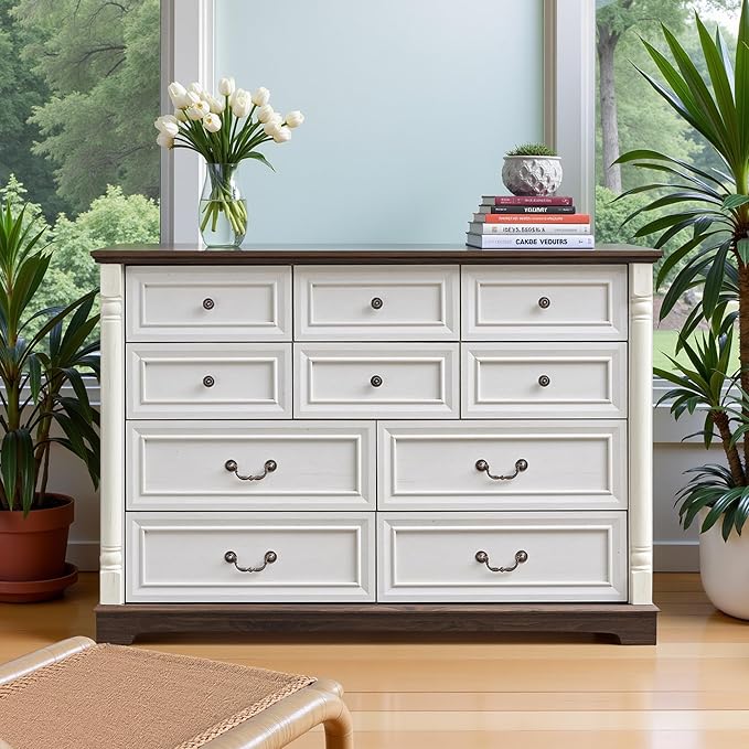 53.54" Farmhouse Sideboard Buffet Cabinet with Storage, Kitchen Buffet Storage Cabinet with 10 Drawers, Modern Wood Accent Sideboard for Living Room, Kitchen, Hallway(Antique White)