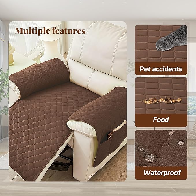MEHIDFY Sofa Seat Arm Cover, Waterproof Couch Armrest Protector, Anti-Slip Sofa Cover, Remote Holder for Armchair, Dual Side Recliner Caddy with 3 Pockets for TV Remote, Phone, Pad, Pen, Book(Brown)