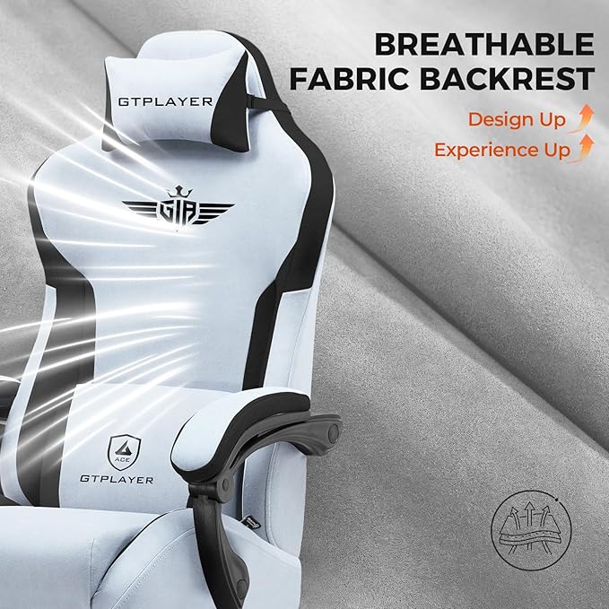 GTPLAYER Gaming Chair with Footrest, Big and Tall Game Chair High Back Computer Office Chair with Lumbar Support for Adults, Ergonomic Swivel Games Chair with Cushion Gaming Velvet Fabric Light Blue