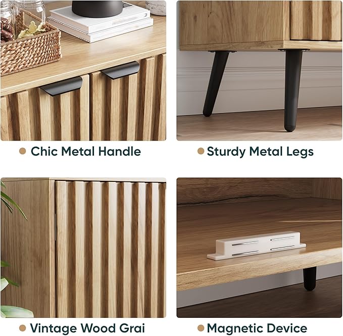 Semiocthome Buffet Cabinet with Storage, Sideboard Cabinet with Fluted Doors and Metal Legs, Storage Cabinet with Adjustable Shelf, Accent Table for Living Room, Kitchen, Entryway - Natural