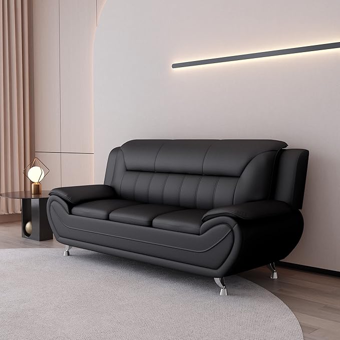 Container Furniture Direct Michael Modern Faux Leather Upholstered Stainless Steel Legs Living Room Sofa, Chair, Black