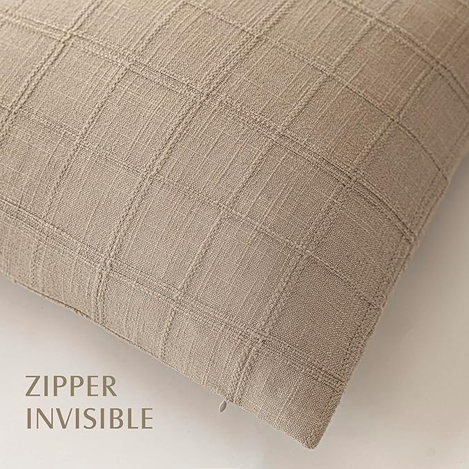 Foindtower Set of 2 Decorative Linen Check Throw Pillow Covers Neutral Farmhouse Vintage Cushion Covers Modern Coastal Boho Home Decor For Sofa Chair Couch Bedroom Living Room Outdoor,22×22 Inch,Camel