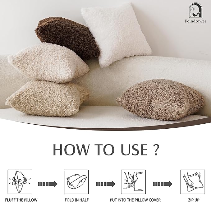 Foindtower 2 Pieces 22x22 Inch Light Khaki, Faux Fur Throw Pillow Cover Accent Sherpa Pillow Fuzzy Soft Pillowcases Sheepskin Decorative Fleece Cushion Case for Bed Couch Living Room