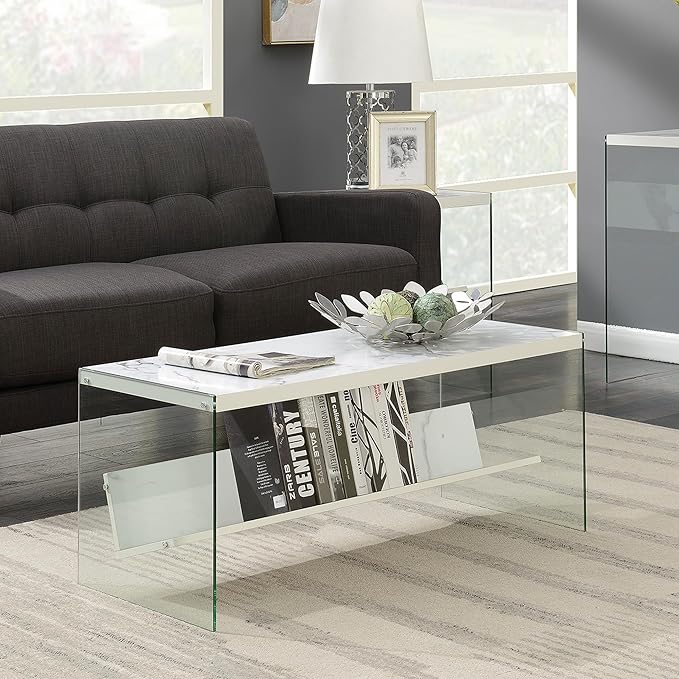 Convenience Concepts SoHo Glass Modern Living Storage Shelf, Contemporary Coffee Table for Family Room, 40", Faux White Marble