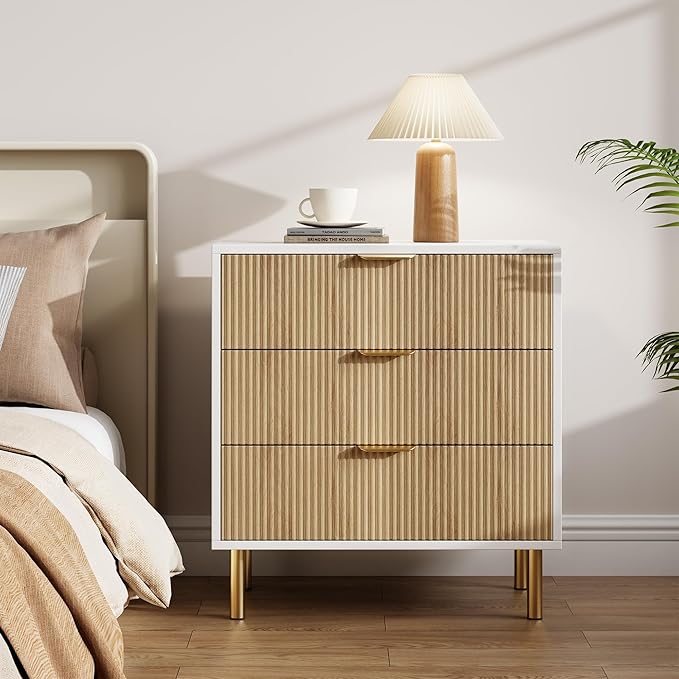 GarveeHome Natural Dresser, Modern 3 Drawer Dresser for Bedroom with Gold Handle and Large Drawer, Wood Double Chest of Drawers and Storage Organizer for Living Room, Hallway, Entryway