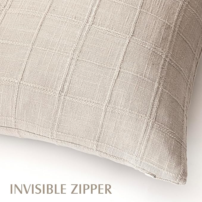 Foindtower Set of 2 Decorative Linen Check Throw Pillow Covers Neutral Farmhouse Vintage Cushion Covers Modern Boho Home Decor For Sofa Chair Couch Bedroom Living Room Outdoor,22×22 Inch,Natural Linen