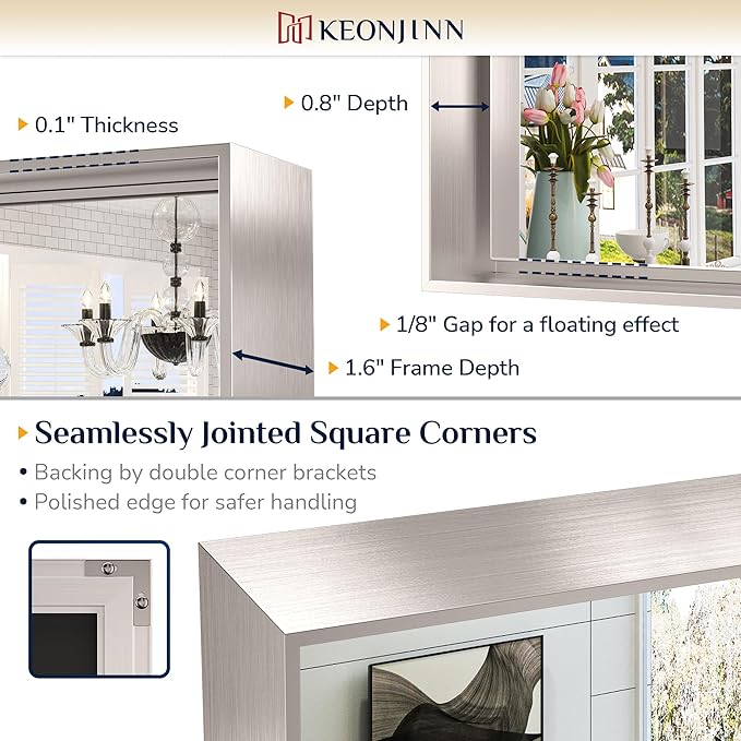 Keonjinn 60 x 36 in Brushed Nickel Bathroom Mirror, Rectangular Metal Framed Wall Vanity Mirror for Over Sink Square Corner Aluminum Alloy Modern Decorative Rectangle Mirror(Horizontal/Vertical)