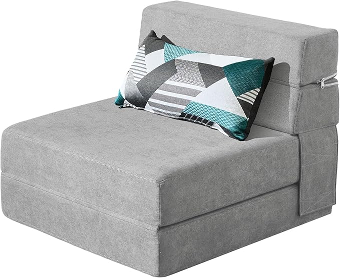 ANONER Folding Sofa Bed Couch Memory Foam Fold Out Chair Bed with Pillow, Single Size Convertible Sofa Bed Futon Sleeper Chair, Light Gray