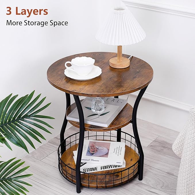 Round Side Table,3 Tier End Table with Storage Shelves for Living Room, Accent Sofa Couch Table for Small Spaces,Nightstand with Metal Frame for Bedroom, Rustic Brown - 19.7"