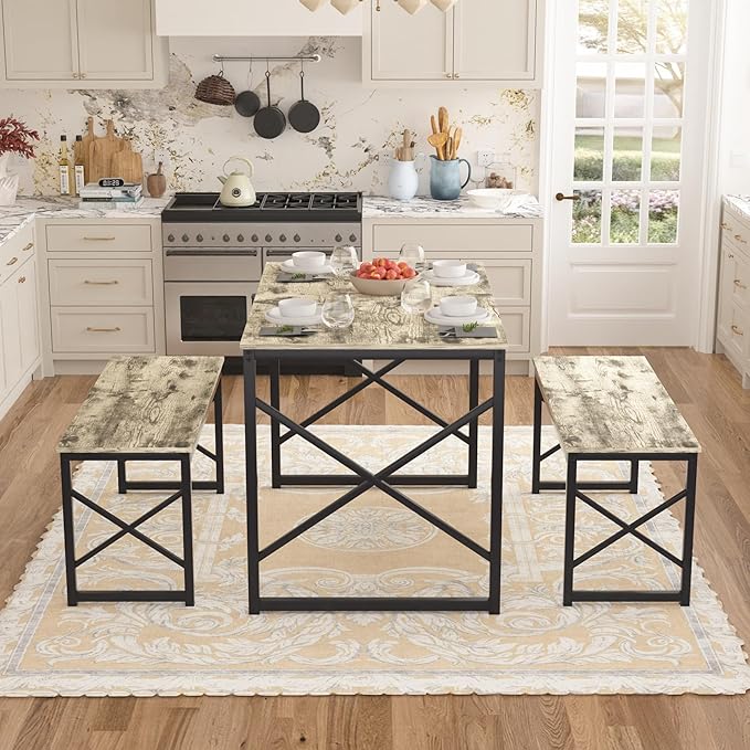 VECELO Kitchen Dining Table Set for 4, 43.3" Wood Rectangle Dinette with 2 Benches, Heavy-Duty Metal Frame for Small Space, Breakfast Nook, Grey