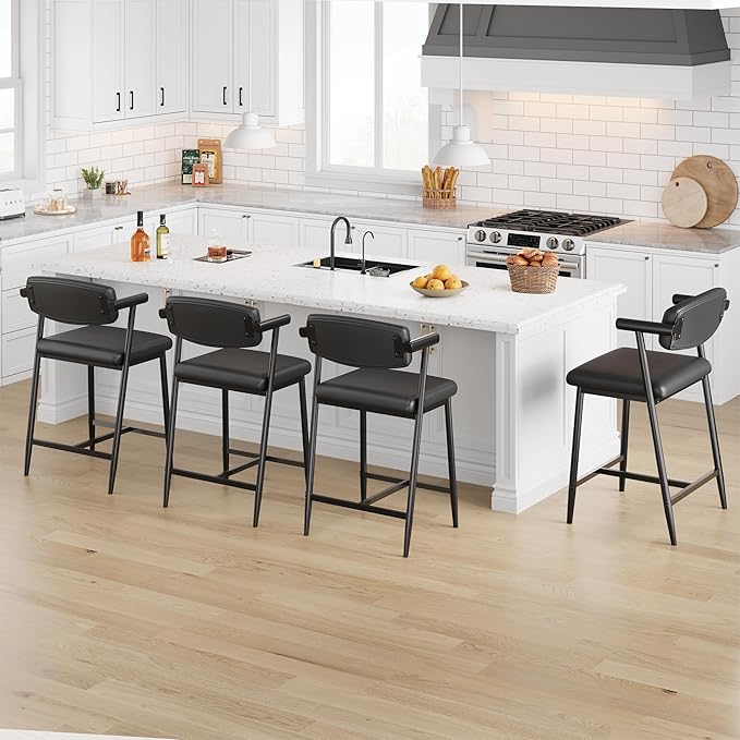 GarveeHome Counter Height Bar Stools of 4 with Armrests, 4 Piece Counter Height Bar Stools Set with Wood Back, Upholstered Seat & Metal Footrest for Kitchen Islands, Counter Bars, Retro Black