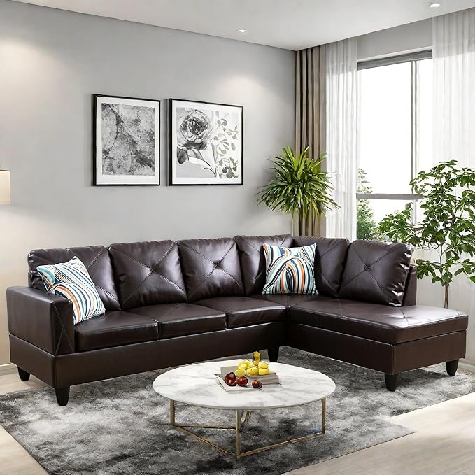 Modular Leather Sectional Couch, L Shaped Couch with Storage, Convertible Sofa with Ottomans, Modern Sectional Sofa for Living Room and Office, 5 Seat, Brown