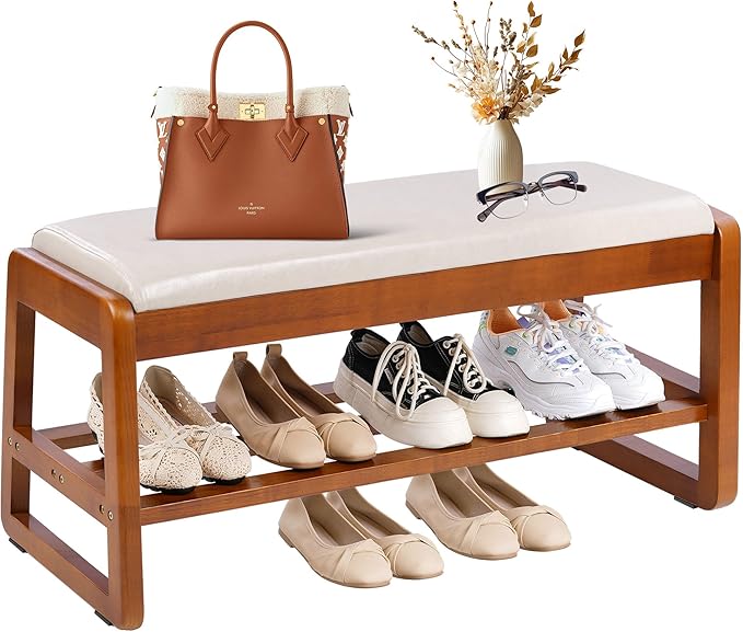 Shoe Bench Storage Rubberwood with Leather Cushion 31.5", Waterproof Easy to Clean 550LBS Organizer Shoe Rack for Entryway, Hallway, Mudroom, Front Door