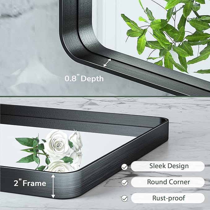 TokeShimi 24 x 30 Inch Black Mirror Wall Mirror for Bathroom Black Metal Frame Decorative Rectangular Wall Mounted Home Decor Corner Hangs (Horizontal/Vertical) Living Room Entryway