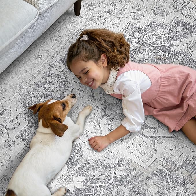 GENIMO Runner Rug 2x7, Non Slip Vintage Machine Washable Hallway Runner, Low Pile Rugs for Living Room, Entryway, Bedroom, Kitchen and Corridor, Gray