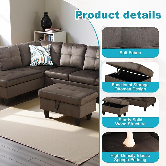 L Shaped Couch Modern Sectional Couch Upholstered Flannel Fabric 3 Pieces Sofas for Living Room with Chaise, Storage Ottoman for Office and Small Apartment, Dark Brown