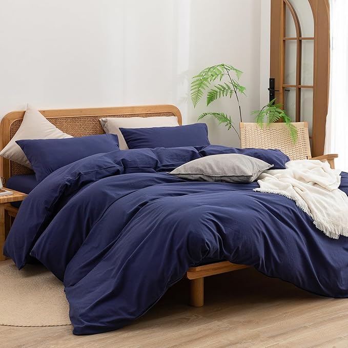 BESTOUCH Duvet Cover Set 100% Washed Cotton Linen Feel Super Soft Comfortable Chic Lightweight 3 PCs Home Bedding Set Solid Navy Blue Full/Double
