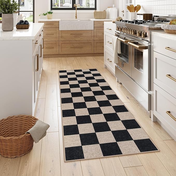 Lahome Checkered Easy Jute Runner Rug, 2x6 Kitchen Runner Rug Non Slip Washable Outdoor Carpet for Entryway Indoor, Checkerboard Black Indoor Outdoor Carpet Runners for Hallway 6ft Entry