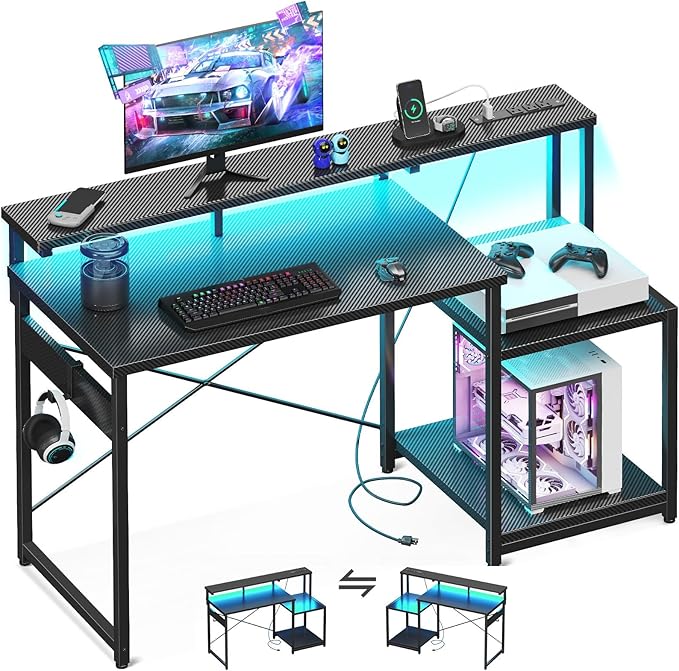 AODK Computer Desk, 48 Inch Gaming Desk with Led Lights & Power Outlet, Office Desk with Storage Shelves, Reversible Desk with Monitor Shelf & Headphone Hook, Carbon Fiber Black