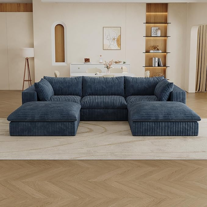 Down Filled Boneless Sectional Sofa Cloud Couch with Movable Ottomans, 118 inch Convertible U Shaped Lounge Couch w/Deep Seat, Fluffy Corduroy Upholstered Compress Modular Sofa