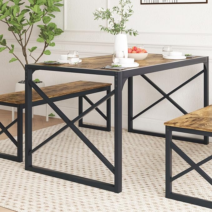 VECELO Kitchen Dining Table Set for 4 to 6, 55" Wood Dinette 2 Benches with Metal Frame for Dinner Breakfast Nook and Small Space, Brown