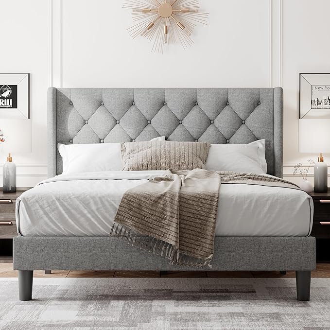 Feonase Full Size Bed Frame with Upholstered Wingback Headboard, Platform Bed and Heavy Duty Wooden Slats Support, Easy Assembly, Noise-Free, No Box Spring Needed, Light Gray