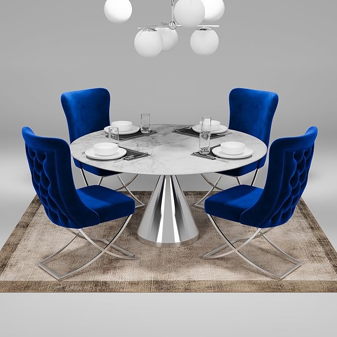 Ottomanson Royal Dining Chairs Set of 8 – Upholstered Tufted Microfiber, Assembled, Silver Metal Legs, Beech Wood Frame, 350 lb Capacity, Blue