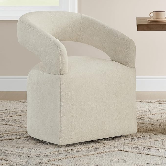 Upholstered Dining Chairs with Removable Casters Barrel Side Armchair with Rollers for Diningroom Bedroom Livingroom Reading Room, Cream Beige, 4PCS