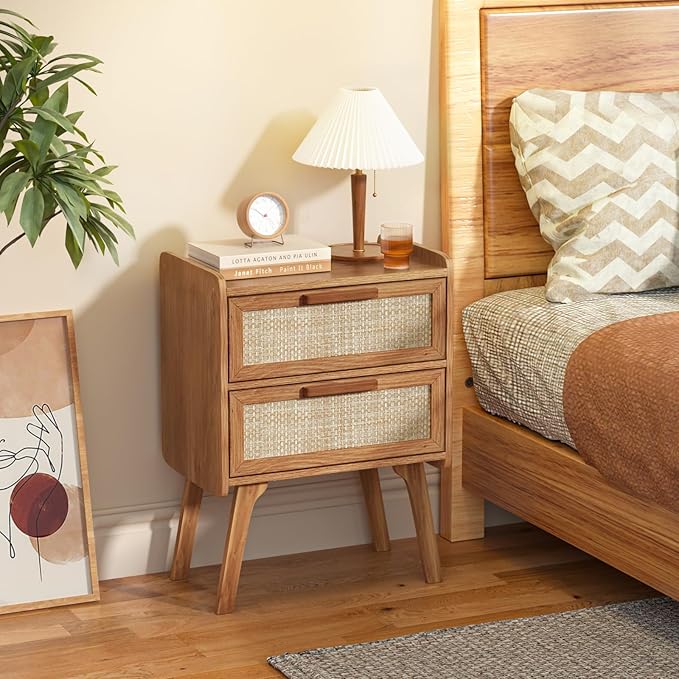 Lerliuo Rattan Nightstands Set of 2, Boho Night Stand with 2 Drawers, Cane Accent Side End Table, Bedside Table with Solid Wood Legs for Bedroom, Dorm and Small Spaces (Tea Brown)