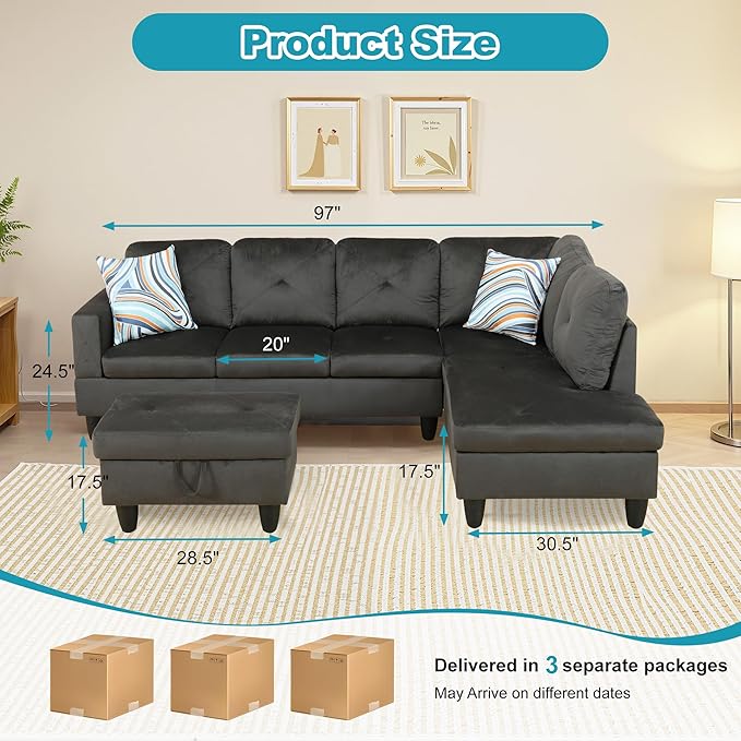 Couches for Living Room Modern L Shaped Couch Comfy Flannel Fabric 3 Pieces Sectional Sofa with Chaise, Ottoman with Storage for Office and Small Apartment, Grey