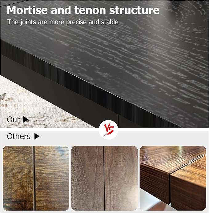 GarveeHome 78.7in Industrial Dining Table for 6, Wooden Long Dinner Table with Mortise Tenon Design, Kitchen Table with Sturdy Metal Legs, for Dining Room Home Office Living Room, Black