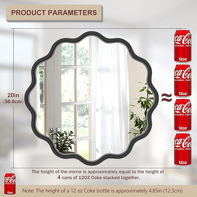 PROHOMEWARE Black Round Mirror 20 Inch Wavy Bathroom Vanity Mirror Black Frame Modern Wall Mirror Decorative Wall-Mounte Anti-Rust, Tempered Glass