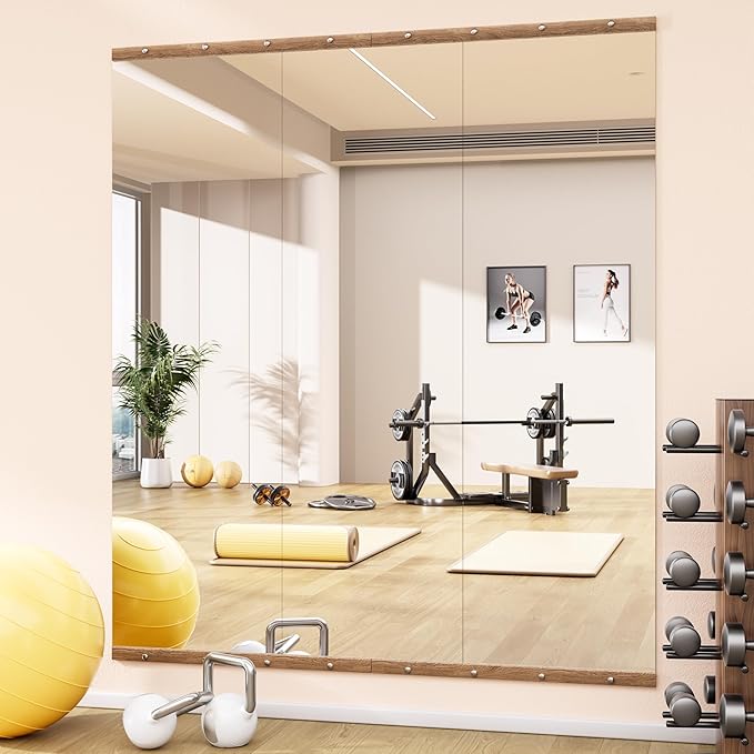 Hasipu 3Pcs 55''x17'' Home Gym Mirror Large Full Length Wall Mounted Full Body Mirror for Yoga Dance Fitness Exercise Studio Bedroom Garage, Frameless Tempered Glass Workout Mirrors Walnut Rectangular