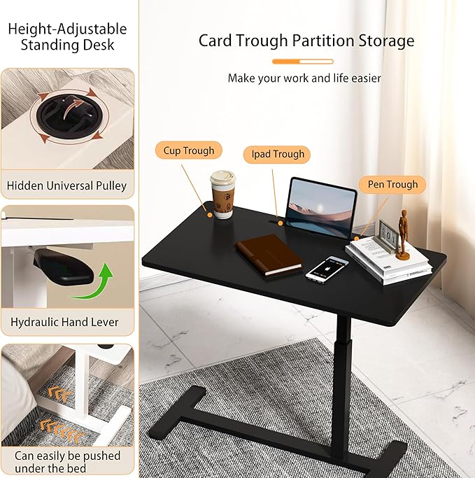 Home Office Desks Height Adjustable with 360° Moveable Hidden Wheels,Multifunctional Pneumatic Laptop Desk Suitable for Sofa、Bedside、Study and Work Use,Black